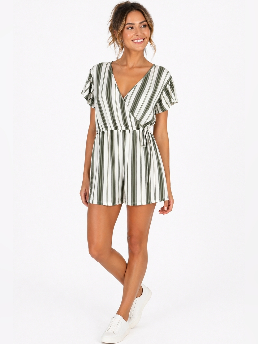 Justify Wrap Romper Size XL Olive Green Striped Flowy Shorts V-Neck Summer
